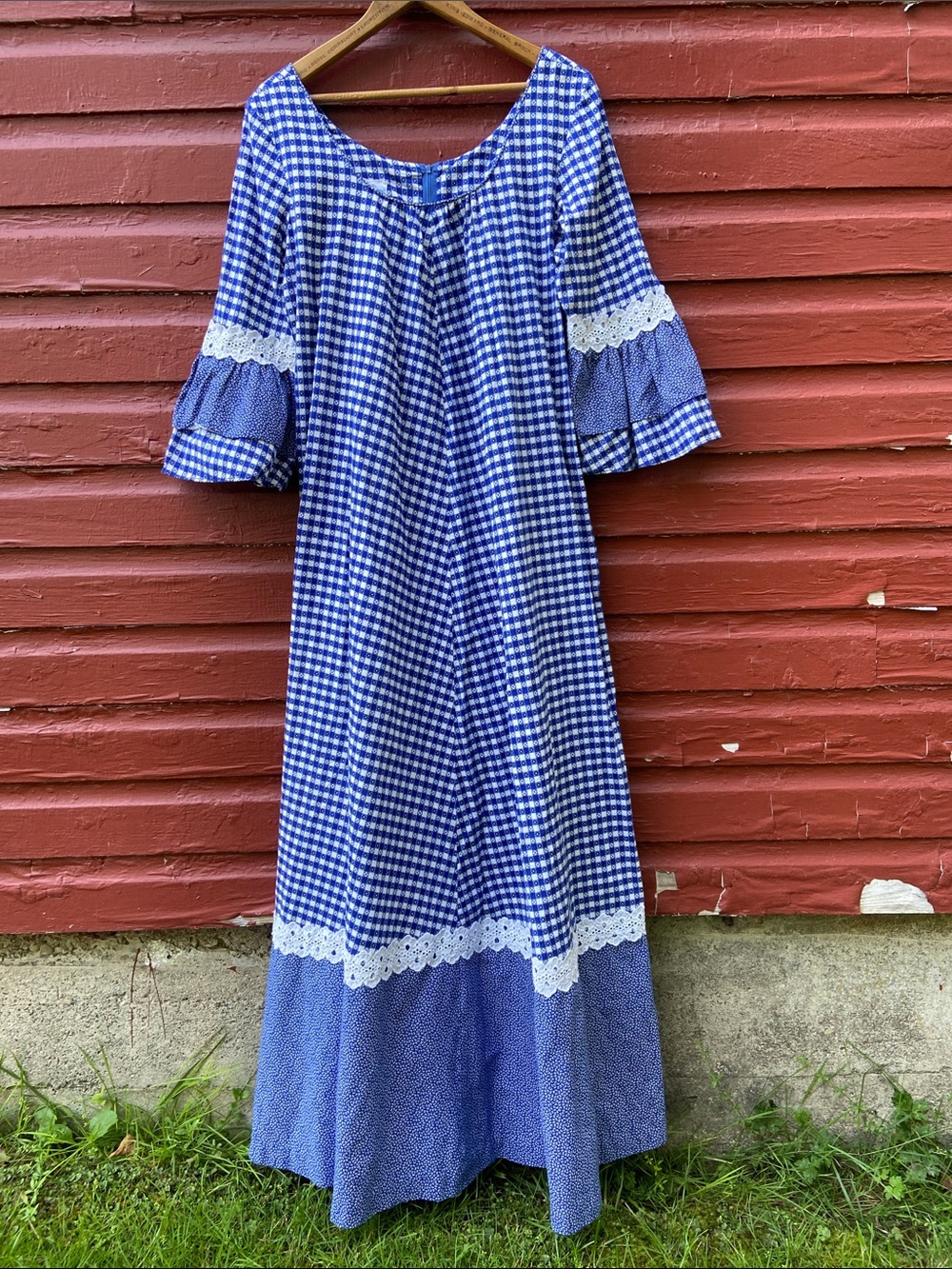 Andrade Honolulu Blue & White Gingham Trumpet Sleeve Maxi Dress Women's Size XL